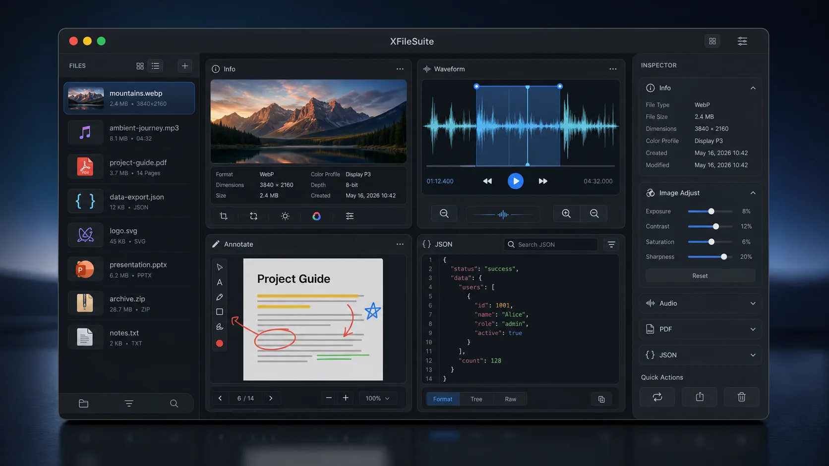 XFileSuite 重绘产品界面，展示图片信息、音频波形、PDF 标注与 JSON 工具